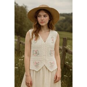 Vintage Womens White Crochet Knit Vest LG Floral Cottagecore Boho Prairie Chic